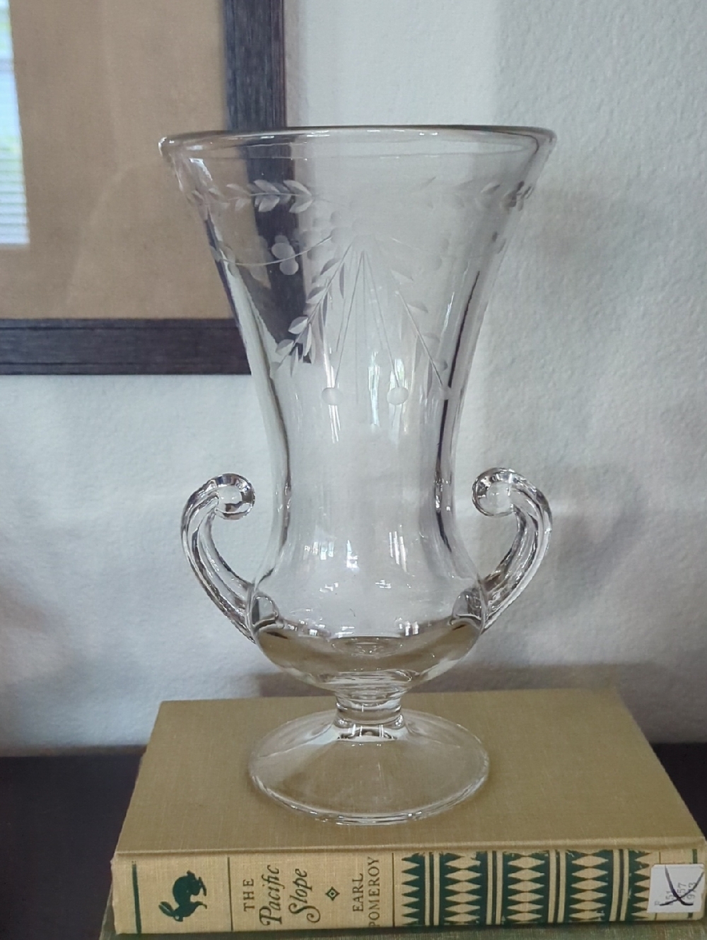 Vintage Etched Clear Glass Double-Handled Pedestal Vase